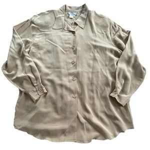 Silk Boutique Blouse Women's Size Large Tan Long Sleeve Vintage Button Down Top